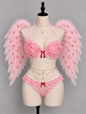 🍒3/33$ La SENZA Pink Ruffled Heart Print Push-Up Bra 32B
